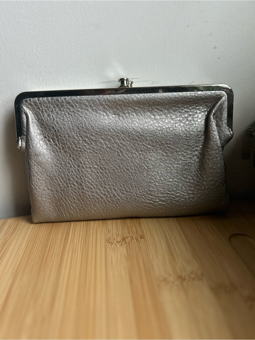 Metallic Silver Vegan Leather Frame Clutch